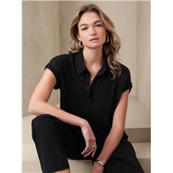 LINEN-BLEND JOHNNY-COLLAR TOP