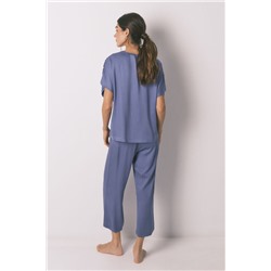 Pijama largo azul escote plisado