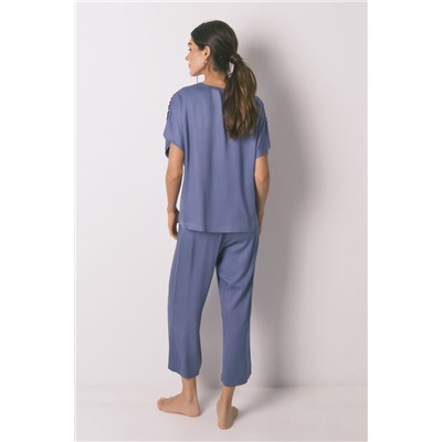 Pijama largo azul escote plisado