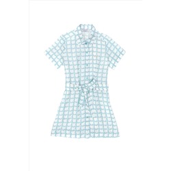 Kız Çocuk Su Yeşili Kısa Kol Dokuma Elbise