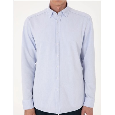 Açık Mavi Slim Fit Çizgili Uzun Kollu Gömlek