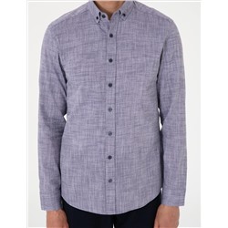 Lacivert Keten Görünümlü Slim Fit Uzun Kollu Gömlek