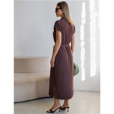 Длинное платье-рубашка с поясом и разрезами изо льна с вискозой