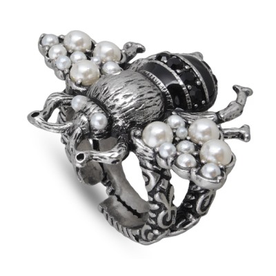 Кольцо (Майорка белая, кристаллы черные; покрытие античное серебро), Есть комплект