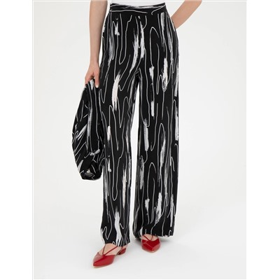 Siyah Cupro Desenli Wide Leg Pantolon