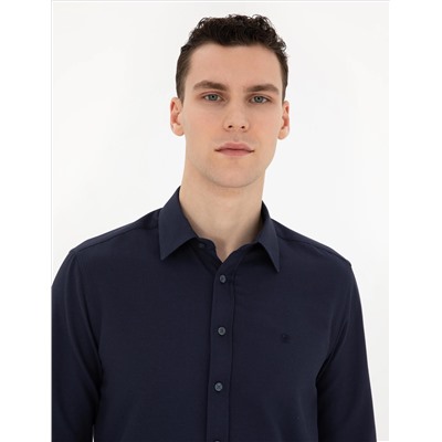 Lacivert Slim Fit Armürlü Uzun Kollu Gömlek