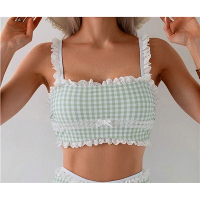 2pcs/Set Women's Green Plaid Random Floral Print Bowknot Collar Ruffle Hem Top And Shorts Set, Cute Minimalist Vest Bikini Outfit For Daily Wear For Summer Beach Vacation