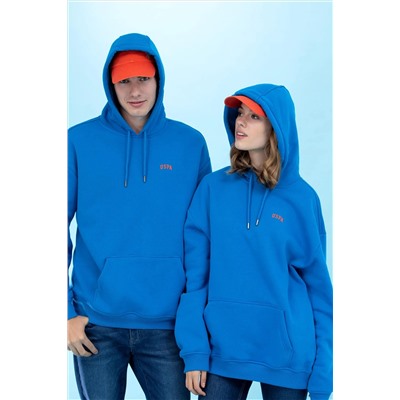 Kobalt Kapüşonlu Oversize Basic Sweatshirt