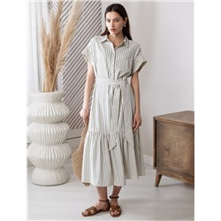 Платье в полоску А-силуэта с поясом из легкого хлопкового поплина