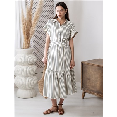 Платье в полоску А-силуэта с поясом из легкого хлопкового поплина