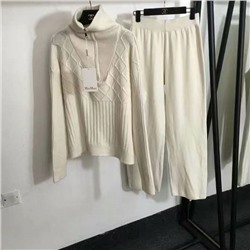 MaxMar* новый вязаный спортивный костюм, толстовка с высоким воротником и длинными рукавами с полумолнией + повседневные брюки, белый, розовый, черный, темно-коричневый, серый, абрикосовый, [один размер подходит всем, ширина плеч 60, обхват груди 120, длина рукава 55, длина одежды 58; талия 66, резинка, длина 101]