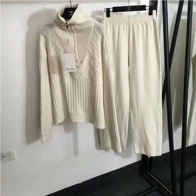 MaxMar* новый вязаный спортивный костюм, толстовка с высоким воротником и длинными рукавами с полумолнией + повседневные брюки, белый, розовый, черный, темно-коричневый, серый, абрикосовый, [один размер подходит всем, ширина плеч 60, обхват груди 120, длина рукава 55, длина одежды 58; талия 66, резинка, длина 101]