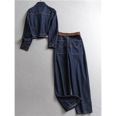 Женский джинсовый костюм  Куртка и джинсы с ремнем