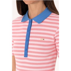 Kadın Pembe Çizgili Polo Yaka Tişört