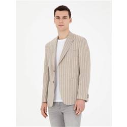Açık Kahverengi Slim Fit Keten Çizgili Ceket