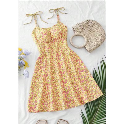 Breezaya Women's Ditsy Floral Ruched Bust Tie-Front Crop Cami Mini Dress