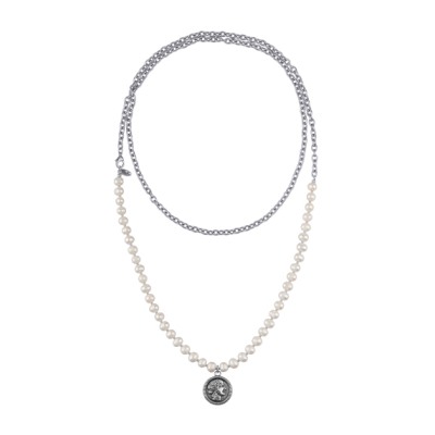 Колье Афродита (жемчуг белый 7-8мм; покрытие античное серебро) 140см, Есть комплект