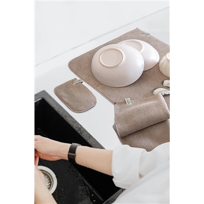 HAMUR Bej-gri Microwell 3 Prç Set Microfiber Bulaşık Kurutma Matı Mutfak Seti 3'lü Kurulama Bezi Örtüsü E68MF095097HM