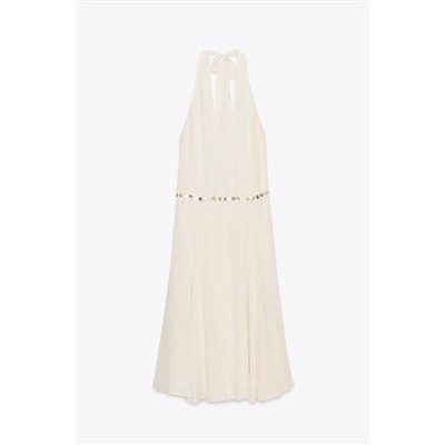 BEADED HALTER MIDI DRESS