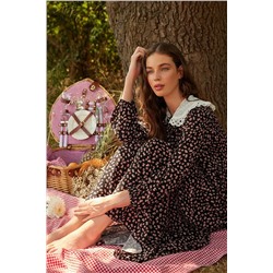 TRENDYOL MODEST Siyah Desenli Fisto Bağlama Yaka Detaylı Viskon Elbise TCTSS21EL3655