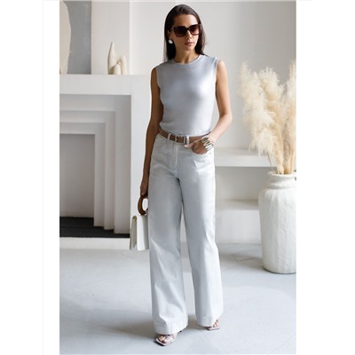 Топ с закрытым декольте из хлопка с эластаном в рубчик с матовым покрытием металлик