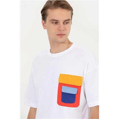 Erkek Beyaz Oversize Bisiklet Yaka Tişört