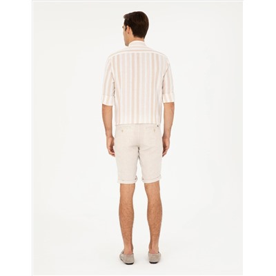Bej Slim Fit Keten Karışımlı Dokuma Şort