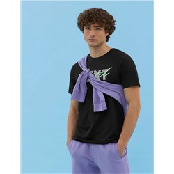 Siyah Slim Fit Baskılı Bisiklet Yaka Tişört