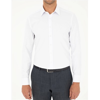 Beyaz Slim Fit Armürlü Uzun Kollu Gömlek