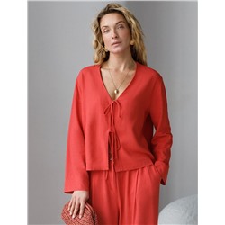 Укороченная свободная блузка с завязками и с V-вырезом изо льна с вискозой
