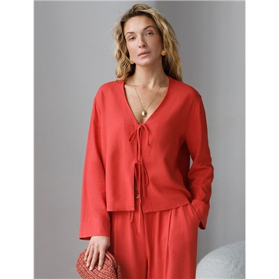 Укороченная свободная блузка с завязками и с V-вырезом изо льна с вискозой