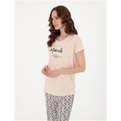 Bej Kısakollu Kapri Pijama Takımı