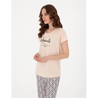 Bej Kısakollu Kapri Pijama Takımı