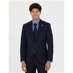 %100 Yün Lacivert Çizgili Ekstra Slim Fit Takım Elbise