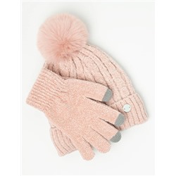 LADIES POM POM FLEECE BEANIE AND GLOVE SET