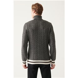 Antrasit Tam Balıkçı Yaka Saç Örgülü Unisex Triko Kazak