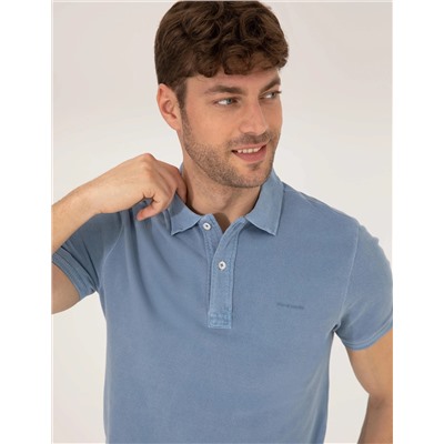 Koyu Mavi Slim Fit Eskitme Polo Yaka Tişört
