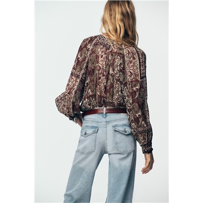 BEADED BLOUSE WITH METALLIC THREAD PRINT