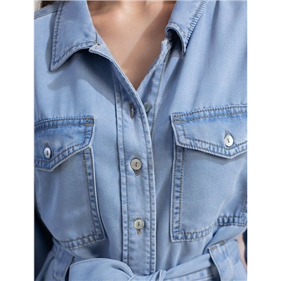 Удлиненная блузка с поясом и карманами из джинсового лиоцелла