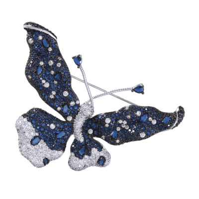 Брошь Бабочка (фианит синий; покрытие родий), Есть комплект
