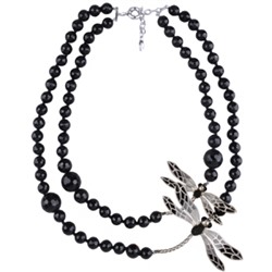 Колье Стрекоза (эмаль серая, черная, агат; покрытие матовый родий) 65-70см, Есть комплект