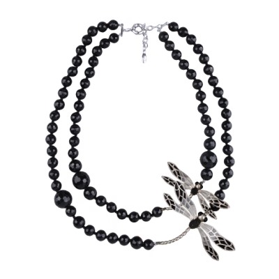 Колье Стрекоза (эмаль серая, черная, агат; покрытие матовый родий) 65-70см, Есть комплект