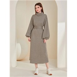 SHEIN Mulvari Allover Print Lantern Sleeve Belted Sweatshirt Dress