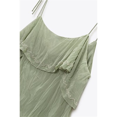 WRINKLED TOP WITH EMBROIDERED TIES