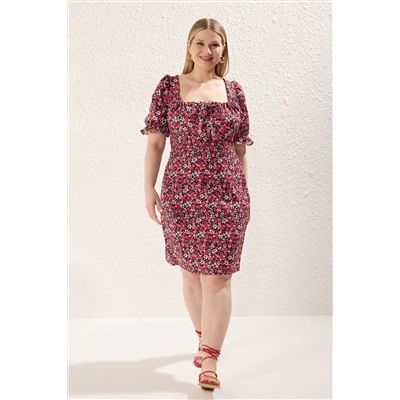 Trendyol Curve Çok Renkli Çiçekli Balon Kollu Mini/Kısa Boy Dokuma Elbise TBBSS24AH00111