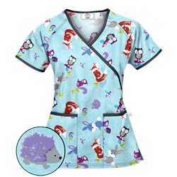 Happy Scrubs® Fall Friends Angel Blue Mock Wrap Scrub Top