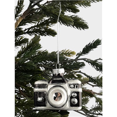Игрушка елочная, 7х5 см, стекло, черно-белая, Фотоаппарат, New year
