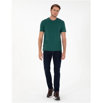 Koyu Yeşil %100 Pamuk Slim Fit Bisiklet Yaka Basic Tişört