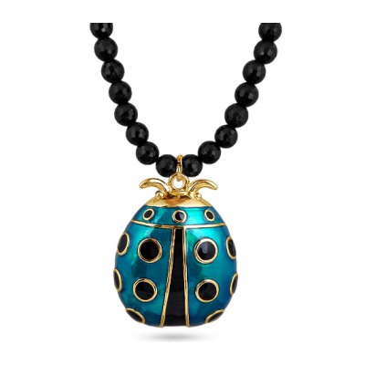 Колье Божья коровка (эмаль изумрудная, черная, агат; покрытие золото) 45-50см, Есть комплект