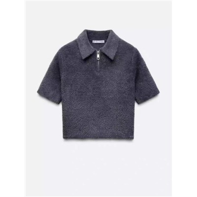 Женский мягкий укороченный пуловер из пушистой пряжи с короткими рукавами и молнией ЗАР*А